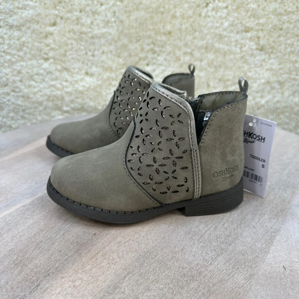 OshKosh B'gosh Estell Toddler Girls Taupe Glitter Floral Ankle Boots Size 8M